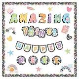 53Pcs Composition Classroom Bulletin Board Decor Girl Style Amazing Things Happen Here Positive Cutouts Inspirational Back to School Bulletin Board Sets for Teacher Students Office Home Wall Supply