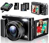 4K Digital Camera for Photography, UHD Autofocus 48MP 180° Flip Screen 16X Zoom Compact Point Shoot Vlogging Camera for YouTube with 2 Batteries, 32GB Card (Black)