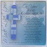 First Communion Gift for Boy - Handmade in USA Blue Mosaic Glass Cross with Sentiment