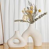 CEMABT White Ceramic Vase Set of 2 for Modern Minimalist Bohemian Decor，Round Matte Donut Vases for Pampas Grass-Perfect for Living Room, Dining Table, Office Bedroom Shelf Decor Entryway, Console
