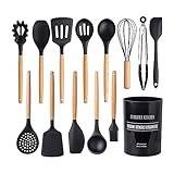 Country Kitchen Non Stick Silicone Utensil Set with Rounded Wood Handles for Cooking and Baking, 14 Piece Set, Black