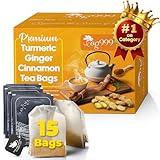 TOG999, Premium 15 Tea Bags Turmeric, Ginger, Cinnamon, 100% Natural, Hand-made Blend of Turmeric, Ginger, and Cinnamon Herbal Tea. Eco-conscious Tea Bags. No Sugar, No Caffeine, No Gluten, Vegan.