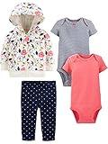 Simple Joys by Carter's Baby Girls 4-Piece Jacket, Pant, and Bodysuit Set, Coral Pink/Ecru Floral/Navy Dots/Stripe, 6-9 Months