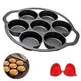 YOLOPLUS+ Pre-seasoned Cast Iron Muffin Pan with Heat Resistant Gloves，11.2 Inch 7 Cups Biscuit Pan with Handle for Biscuits, Cupcake,Muffins, and Scones