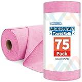 HOMERHYME Microfiber Cleaning Cloth, 75 Sheets Tear Away Shop Towels, Reusable Washable Microfiber Towels for Cars, Lint Free Cleaning Rags for Home, Automotive, Workshop & Garage 11.5"x11.5" Pink