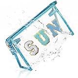 COSHAYSOO Clear Makeup Bag Sunscreen Pouch Beach Vacation Essentials Waterproof Summer Stuff Travel Toiletry Purse for Women Teen Girl Personalized Easter Gifts with Preppy Chenille Letter Blue SUN
