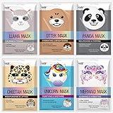 Epielle Animal Character Sheet Masks 6 Pack, Moisturizing & Hydrating Face Mask with Hyaluronic Acid & Botanical Extract, Korean Skin Care, Girls Spa Party Favors, Sleepover, Self Care Gifts for Women