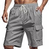 Dirxi Men Linen Summer Shorts Grey Solid Color Elastic Waist Drawstring Beach Pants Casual Fashion Loose Bermuda Shorts with Multiple Pockets Vintage Trend Sports Fitness Pants 3XL