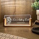 Personalized Name & Title Desk Name Plate Stand Featuring Cardiologist Medical Physician Doctor Symbol Logo Professional Work Hospital Sign Plaque LED Light Wood Holder Nameplate Office Decor Gift