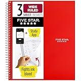 Five Star Spiral Notebook + Study App, 3 Subject, Wide Ruled Paper, 10-1/2" x 8", 150 Sheets, Red (72029)