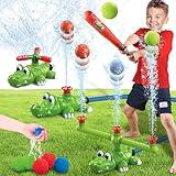 Intoypad 4-in-1 Kids Water Sprinklers T Ball Set & Water Ball Toy, Crocodile Baseball Sprinkler for Backyard Outdoor Summer Toys for Boys Girls Outside Yard Water Game Toys for Kids Toddlers Ages 3-8