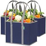 Reusable Grocery Bags (3 Pack) – Heavy Duty Reusable Shopping Bags with Box Shape to Stand Up, Stay Open, Fold Flat – Large Tote Bags are Foldable with Long Handles & Hard Bottom (Navy Blue)