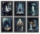 6Pcs Midnight Ghost Canvas wall art Halloween Ghost Posters prints Thriller Horror Gothic Wall Decor Pictures for Halloween Party House Decoration Unframed 8x10in