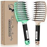 KTKUDY Detangling Brush Getting Knots Out without Pain - Boar Bristles HairBrush Make Hair Shiny & Healthier Vented Detangler Brush for Women Men Kids Wet and Dry Hair (Gold & Green)
