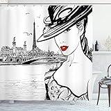Ambesonne Paris Shower Curtain, Hand Drawn Girl in Makeup by Seine River in Paris Antique European Life Image, Cloth Fabric Bathroom Decor Set with Hooks, 69" W x 70" L, White and Black