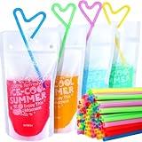 Teenitor 100Pcs Drink Pouches, Drink Pouches for Adults Alcohol, Drink Pouches with Straw Juice Pouches 100Pcs Straws, Liquor Bags Drink Bags For Smoothies Juices Stand Up Liquid Pouches 16oz