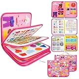 12-page Toddler Busy Board Montessori Toys for 1 2 3 4 Years Old, Busy Book for Toddlers 1-3 Girl Birthday Gift, 24 in 1 Activity Sensory Toys for Motor Skills, Travel Toy for Car Airplane (Pink)