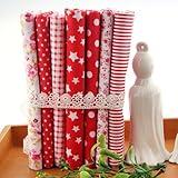 7Pcs Square Shape, Flower, Striped, Polka Dot Cotton Fabric Fabric for Sewing, 25x25cm Cotton Fabric Flower Polka Dot Bundle DIY Patchwork Quilt Cloth,Craft and Hobby Fabric (Red)
