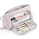 EASTHILL Big Capacity Pencil Case Canvas High Large Storage Pouch Marker Pen Case Simple Stationery Bag School College Office Organizer for Teens Girls Adults Student-Plaid Pink
