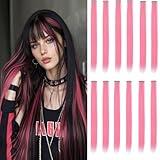 12 Pcs Pink hair extensions 22 Inch Straight colored hair colorful clip in extensions Highlight Party for Kids Girls and Women Gift(Pink,26)
