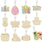 Haooryx DIY Wooden Blank Keychains - 24pcs Color Your Own Easter Cute Bunny Peeps Eggs Wooden DIY Blank Coloring Keyrings Rabbit Uncolored Charms Hello Spring Multi-Item Party Favor Pack Reward Prizes