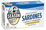 Season Sardines in Extra Virgin Olive Oil - Wild Caught, Lightly Smoked, 21g of Protein, Keto Snacks, More Omega 3's Than Tuna, Kosher, High in Calcium, Canned Sardines - 4.37 Oz Tins, 12-Pack