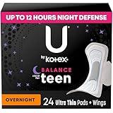 U by Kotex Balance Teen Ultra Thin Overnight Pads with Wings, 24 Count (Packaging May Vary)