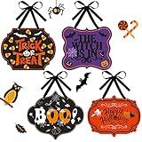 4 Pcs Halloween Felt Hanging Signs for Wreaths Happy Halloween Door Decorations Trick or Treat Wall Plaque Signs Pumpkin Witch Ghost Black Cat Bat Wall Decor Halloween Welcome Signs(Funny Style)