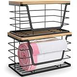 ALOCEO 2 Pack Storage Stackable Kitchen Laundry Organizers with Bamboo Top, Wall Mount Medium Trash Bag Holder and Small Garbage Bag Dispenser