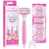 DreamGenius Razors for Women Include 1 Non-Slip Handles and 7 Blade Refills with a Shower Holder, 5 Premium Blades Women's Razors for Shaving with 360° Lubrication Reduces Irritation, Pink