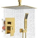 SR SUN RISE 12 Inch Ceiling Mounted Shower System Rain Mixer Shower Combo Set Rainfall Shower Head System Brushed Gold Shower Faucet Trim Repair Kits with Shower Rough-in Valve Body and Trim