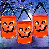 CCINEE 3 Pcs LED Light Halloween Candy Bags for Kids Light Up Multipurpose Halloween Trick or Treat Bucket with Pumpkin Smile Face for Halloween Party Favors Goodie Bags,Orange