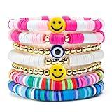 Y1tvei 7Pcs Heishi Surfer Bracelets Set Colorful Preppy Smile Evil Eye Beaded Stretch Bracelets Clay Stackable Boho Disc Y2K Aesthetic Summer Beach Bracelets