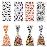 BEFORYOU 200PCS Halloween Snack Bags Clear Candy Cookie Treat Bags with Twist Ties, 4 Patterns Pumpkin Bat Spider and Witch Design