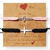 Jexiva 2Pcs Adjustable Couples Bracelet - Christian Cross - Stainless Steel - Strong Woven Rope - Couples, Family & Friendship Bracelet for Men & Women Gift (Black&Pink, Without Giftbox)
