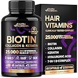 Biotin | Collagen | Keratin - Clinically Tested Supplement - Hair Growth Support, Skin & Nails - 25000 mcg Vitamins B2, B3, B6 & B7 + B1 & Hyaluronic Acid - Made in USA - Women & Men | 60 Capsules