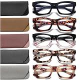 Hubeye 5 Pairs Oprah Style Square Reading Glasses for Women Men Blue Light Blocking Computer Readers with leather case +1.5