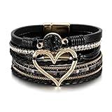 Fesciory Leopard Bracelet for Women, Boho Leather Wrap Multi-Layer Pearl Crystal Bracelet Bangle Jewelry (B29:Heart Leather(Black))