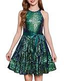 GRACE KARIN Green Dress for Girls Size 8 Halter Neck Layer Sequin Christmas Birthday Special Occasion Party Formal Dance Dresses