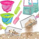 FHOZGECY Beach Toys, Sand Toys with 2 Collapsible Beach Bucket and Beach Mesh Shovel, Sand Shovel, Shark Tooth Sifter and Mesh Bag for Shell Collecting, Sand Dipper Beach Scoop for Kids Boys Girls