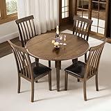 AMERLIFE Solid Wood 5-Piece Foldable Dining Set, Mid Century Modern Round Dropleaf Table & 4 PU Leather Chairs, Solid Wood, Space-Saving Table, Brown/Black
