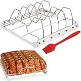 Stainless Steel Rib Rack for Smoking and Grilling, Holds 5 Rib Racks for Grilling & Barbecuing, Foldable Outdoor BBQ Rack with Oil Brush, Smoker Rack for Grilling, Great BBQ Accessories Gifts for Men