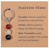 Drogomen Positive Vibes Keychain for Women, Natural Gemstone Healing Crystal Keychain Emotional Support Cheer Up Inspirational Encouragement Gifts for Women Men Friends Coworkers