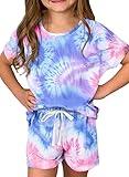 Dokotoo Girls Summer Cute T-Shirt Shorts Outfits Set Short Sleeve Tops Tee Clothes Round Neck Tie Dye Stretchy Drawstring Waist Shorts with Side Pockets Size 6-7 Sky Blue