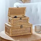HuiDao Rattan Decorative Box, Boho Display Boxes with Lids, Set of 2 Rectangular Wicker Storage Basket, Natural Woven Cane Bins for Home Decor (Rectangular)