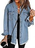 Dokotoo Womens Washed Boyfriend Oversized Lapel Button Up Long Sleeve Denim Trucker Jacket Distressed Ripped Denim Jackets Fashion Distressed Jean Jacket for Women with Pockets,(US 12-14) L,Sky Blue