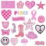 Tatuo 20 Pcs Western Pink Iron on Patches Embroidered Heart Preppy Sew on Patches Cowgirl Applique Patch for DIY Hats Jeans Jackets Backpack Girls Aesthetic Clothes Repair(Preppy)