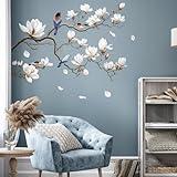 SHUCHING White Magnolia Tree Wall Decals Peel and Stick, Trees Flowers Wall Decor Stickers, White Branches Corner Wall Art(Left)