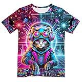 UGTEWXU Kids 3D Neon Dj Cat Shirt for Boys Girls Kitten T-Shirt Cats Tee Size 6-16 Years Age Small