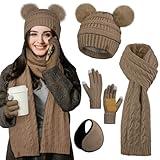 Aneco Women Winter Beanie Hat Scarf Gloves Set Warm Fleece Cap with Pompom Knit Anti-Slip Touchscreen Gloves for Cold Weather Khaki